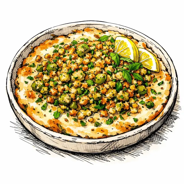 Celeriac Gratin Dip with Green Olive–Anchovy Crumbs + Lemon-Herb Finish