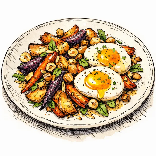 Pan-Roasted Market Root Vegetables with Jammy Farm Eggs, Toasted Hazelnuts & Meyer Lemon-Dijon Vinaigrette