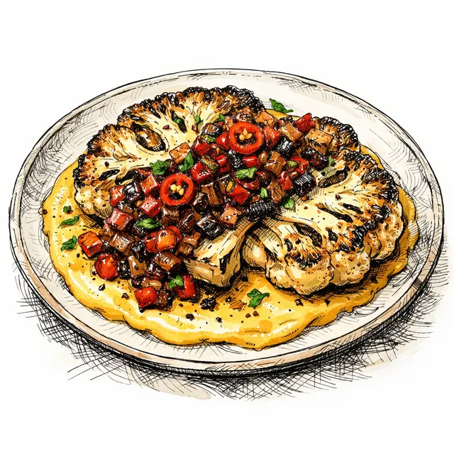 Fire-Roasted Cauliflower Steaks with Charred Medjool Date and Fresno Chile Relish