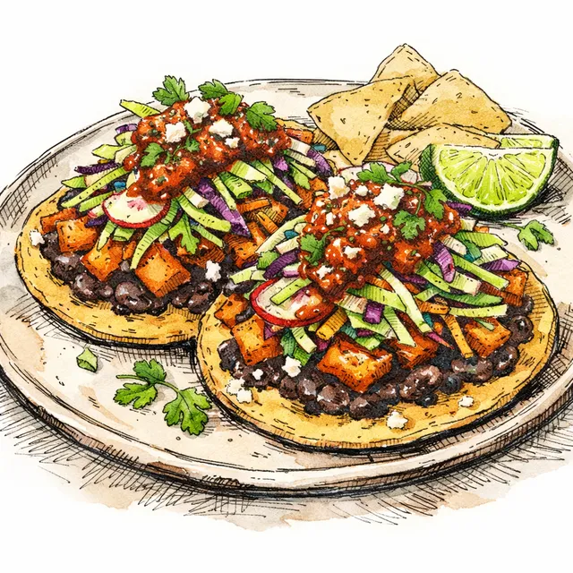 Crispy Sweet Potato–Frijol Smash Tostadas with 3-Minute Charred Tomato–Chipotle Blender Salsa + Crunchy Winter Slaw