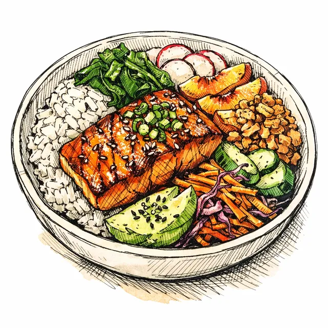 The Kyoto-to-Cabo Miso-Agave Caramelized Salmon & Peach Crunch Bowl