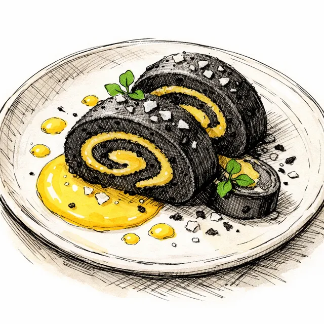Cold-Infused Black Sesame Roulade with Tart Yuzu Curd & Flaky Salt