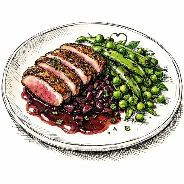 Pan-Seared Duck Breast with Gamay-Shallot Reduction & Blistered Spring Peas