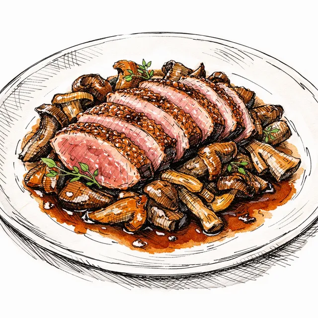 The Villa Necchi Veranda: Gentle Pan-Seared Duck Breast with Wild Autumn Mushrooms and Vermouth Reduction