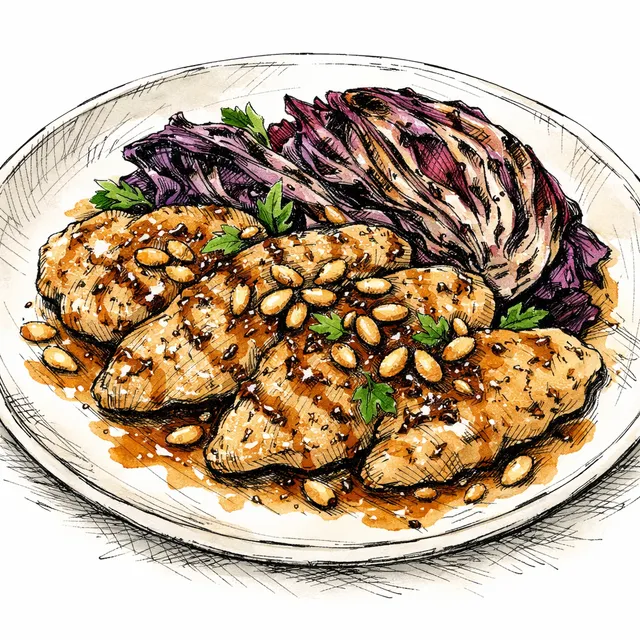 The Senato Loggia: Gentle Pan-Seared Chicken Paillards with Charred Radicchio and Warm Pine Nut Aceto Glaze