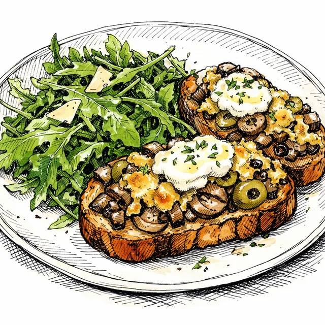 Wild Mushroom–Green Olive Gratin Toasts with Preserved-Lemon Crème Fraîche + Quick Dressed Arugula