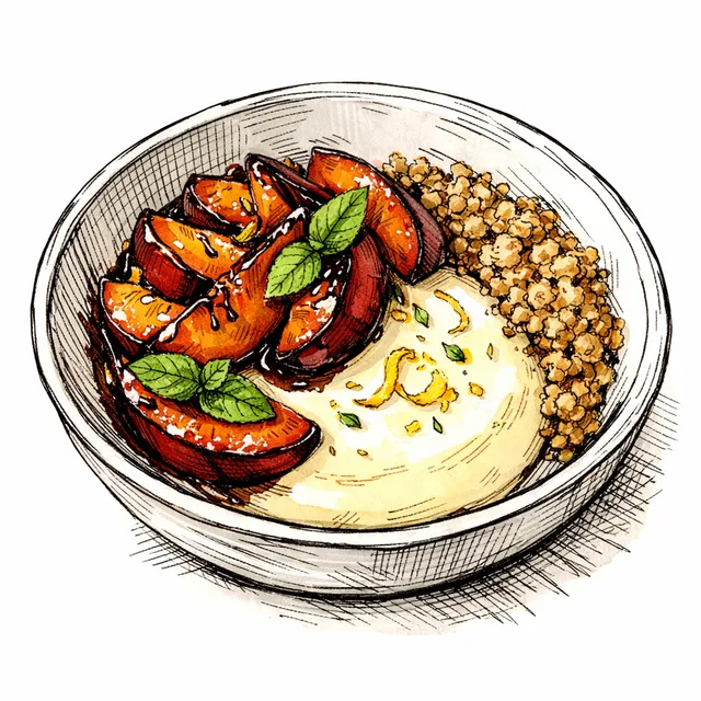 Double-Lemon Posset with Cold Balsamic Nectarines & Buckwheat Sand