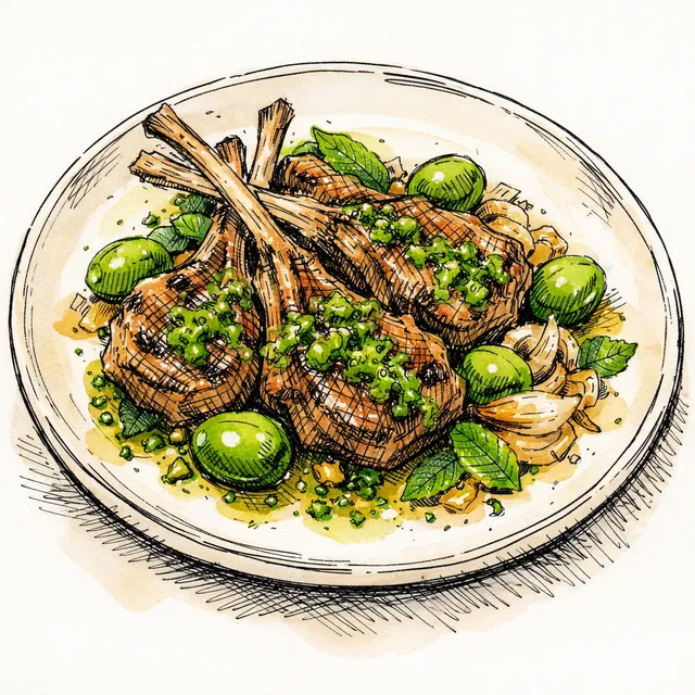 Pan-Roasted Bistro Lamb Chops with Castelvetrano Olives, Melted Shallots & Mint-Meyer Lemon Pistou