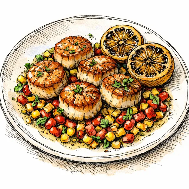 Cast-Iron Seared Sea Scallops with Red Pea Succotash & Charred Lemon Vinaigrette