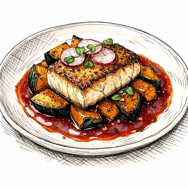 Pan-Seared Pacific Halibut with Caramelized Kabocha & Guajillo-Miso Reduction