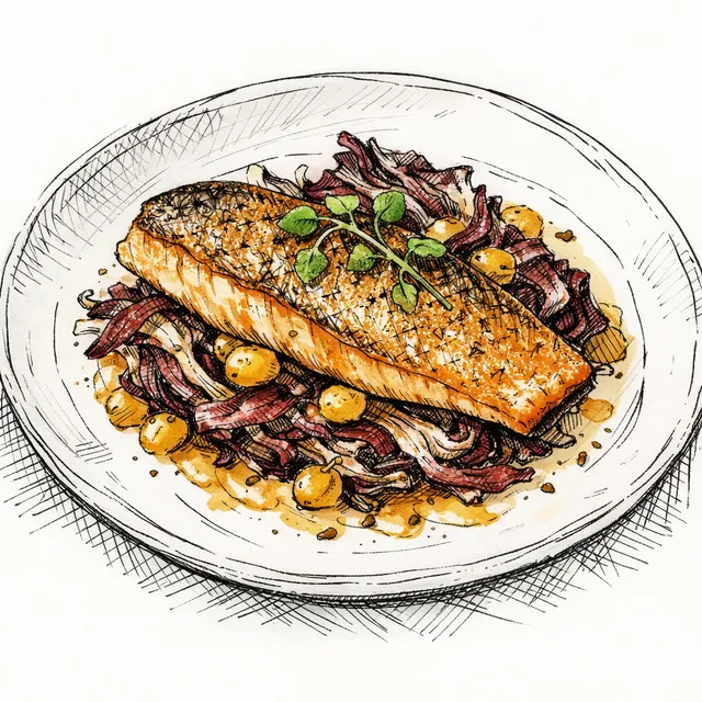 The Stresa Veranda: Gentle Pan-Seared Lake Trout with Caramelized Radicchio, Golden Sultanas, and Vermouth Agrodolce