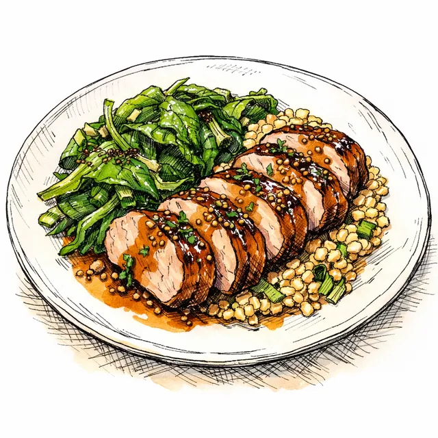 Pan-Roasted Pork Tenderloin with Sorghum-Mustard Glaze & Wilted Spring Greens