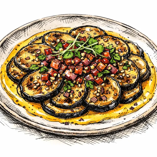 Fire-Blistered Eggplant Carpaccio with Sizzling Plum-Shallot Oil & Velvet Turmeric Tahini