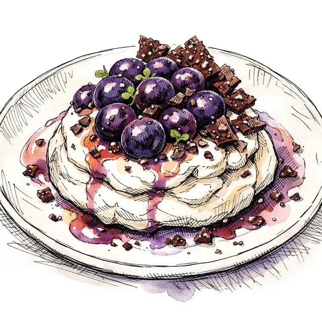 Cold-Infused Concord Grape Pavlova with Salted Labneh & Cocoa Nib Crackle