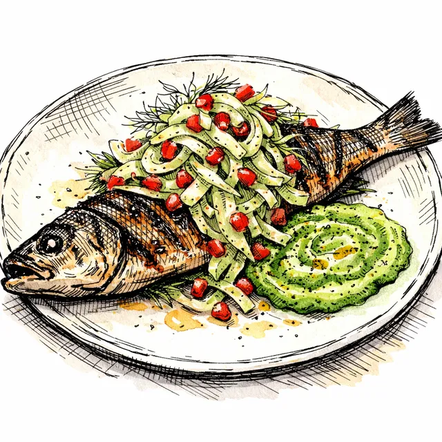 Fire-Scorched Whole Branzino with Cascading Fennel-Pomegranate Salad & Green Zhug Tahini