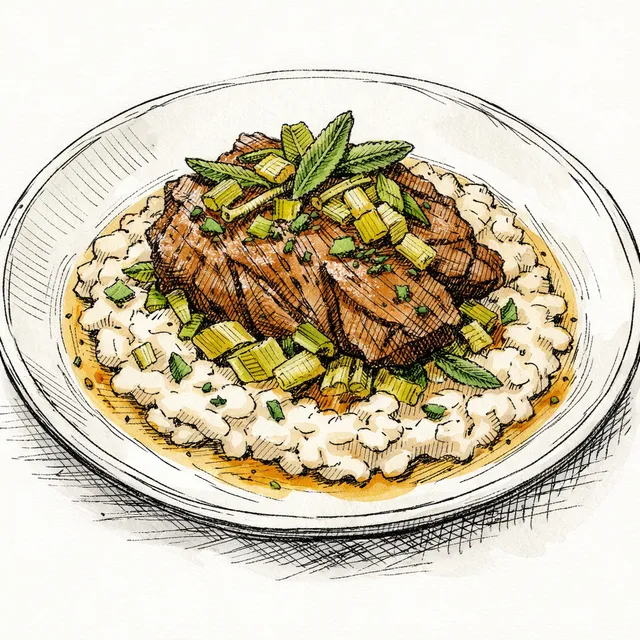 The Castiglione Atrium: Slow-Braised Pork Shoulder with Sweet Leeks, Sage, and Dry Vermouth over Risotto Bianco