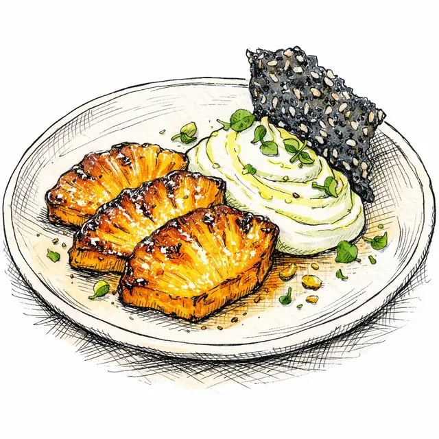 Broiled Miso-Pineapple with Cold Lime–Olive Oil Whip & Black Sesame Snap