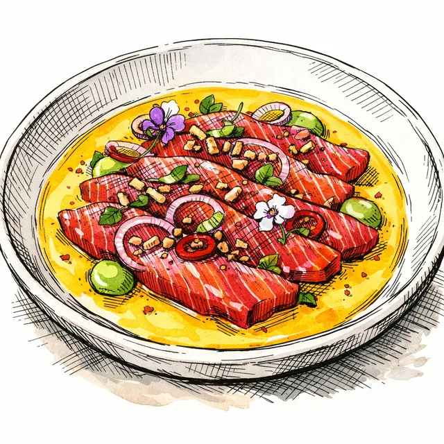 Mezcal & Hibiscus Cured Salmon Tiradito with Aji Amarillo-Yuzu Emulsion