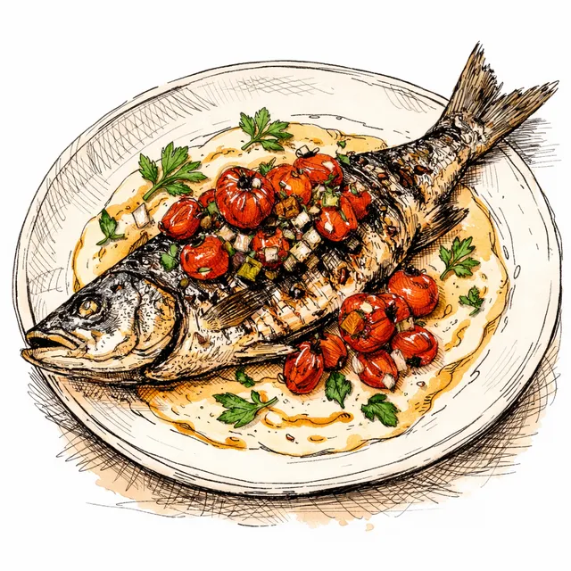 Fire-Roasted Branzino with Blistered Tomatoes and Golden Garlic Tahini