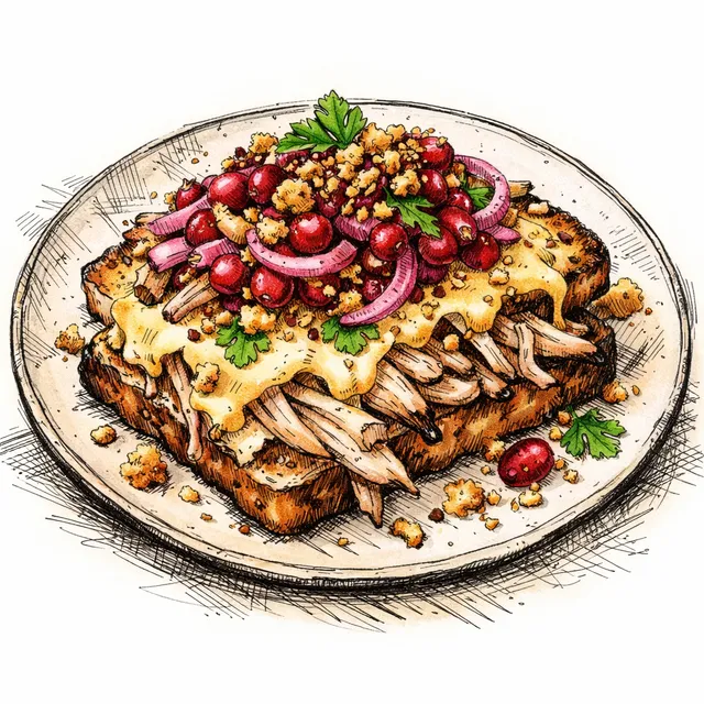 Sunday Lunch Roast Turkey “Debris” Melt with Quick Pickled Cranberry-Onion & Cornbread-Seed Crunch