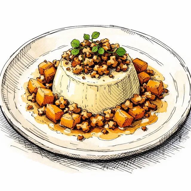 Cold-Infused Roasted Walnut Panna Cotta with Tart Quince & Brown Butter Crunch