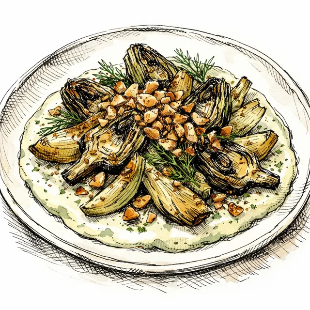 Fire-Charred Baby Artichokes & Blistered Fennel with Sizzling Almond-Coriander Crunch over Velvet Dill Tahini