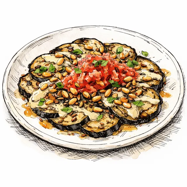 Fire-Roasted Eggplant Carpaccio with Sweet Silan Tahini, Sizzling Cumin-Pine Nut Crunch & Grated Tomato Pulp