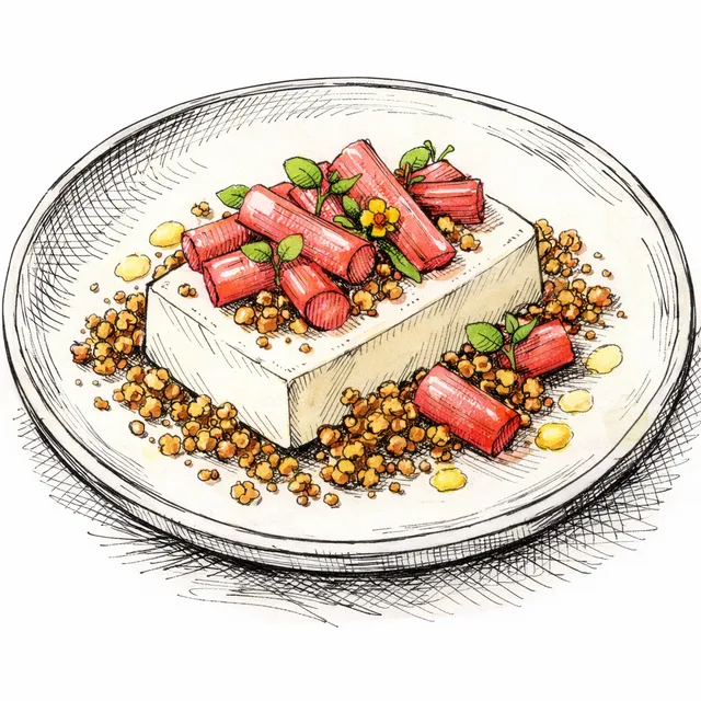 Cold-Set Buttermilk Terrine with Yuzu-Macerated Rhubarb & Quinoa Crunch