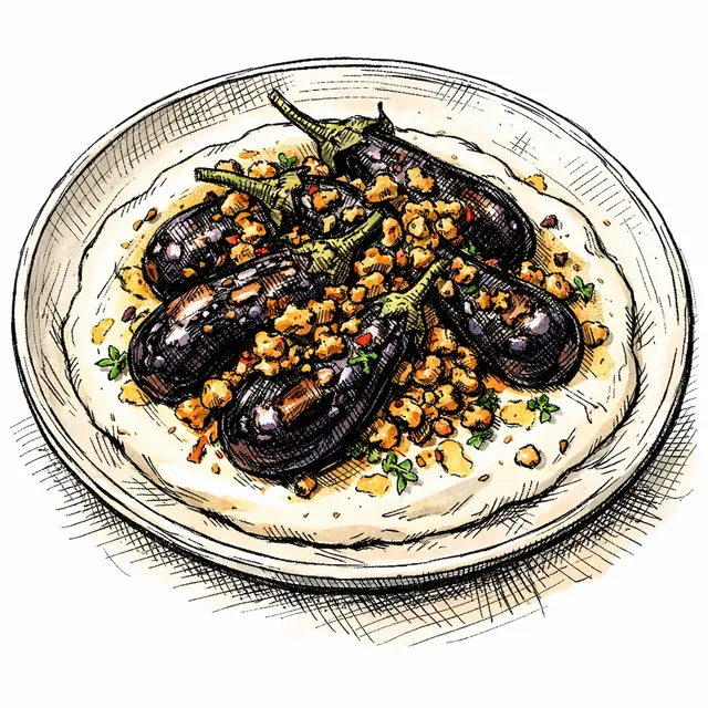 Fire-Blistered Baby Eggplants with Sizzling Walnut-Nigella Crunch