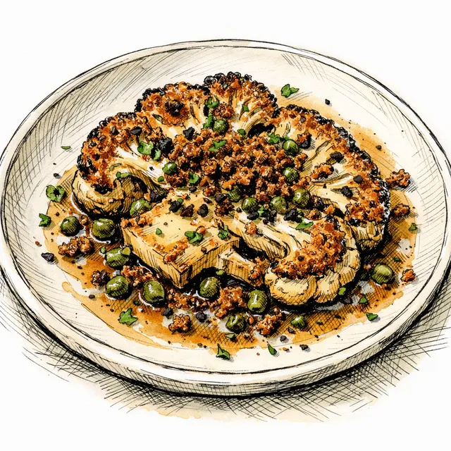 Pan-Roasted Cauliflower “Steakhouse” Style (Crispy Edges) with Brown-Butter Caper Pan Sauce + Toasted Rye Crumbs