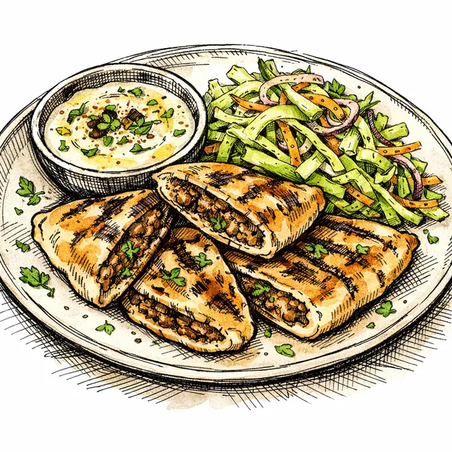 Crisp Merguez-Spiced Lamb Arayes with Charred Scallion Tahini & Crunchy Celery Slaw