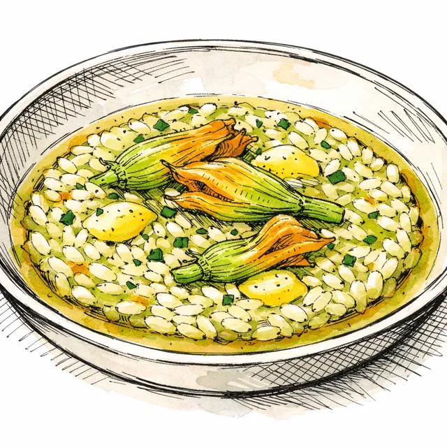 The Montenapoleone Courtyard: Carnaroli Rice Simmered in Zucchini Blossom Brodo with Lemon Butter