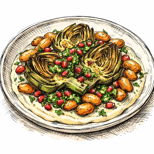 Fire-Roasted Globe Artichokes with Crispy Gigante Beans & Pomegranate-Herb Chermoula over Velvet Garlic Tahini