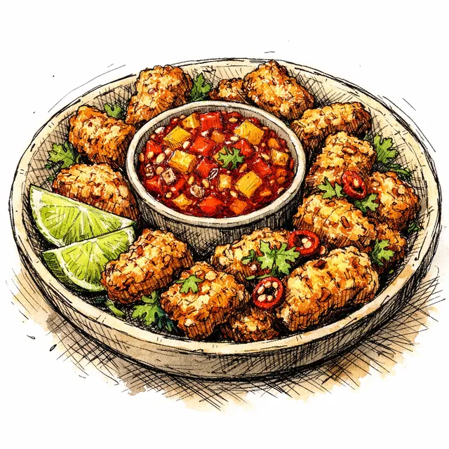 Air-Fried King Oyster “Chicharrón” Bites with Pineapple–Chile de Árbol Salsa Roja (Game-Night, Sticky-Finger Approved)
