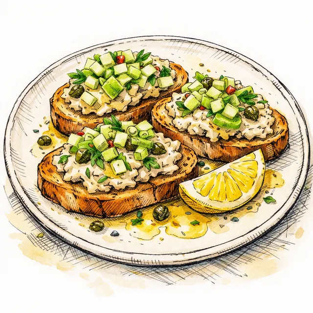 Smoked Mackerel Quick-Cure “Rillettes” Crostini with Warm Lemon–Caper Beurre Monté + Celery-Apple Crunch