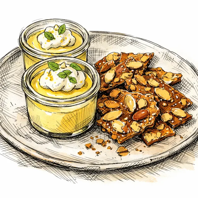 Meyer Lemon Custard Pots with Olive-Oil Almond Brittle