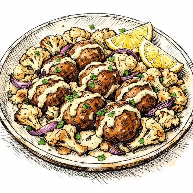 Sheet-Pan Shawarma Turkey Meatballs with Roasted Cauliflower & Lemon Tahini Drizzle