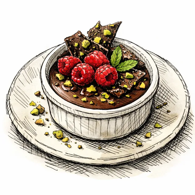Midnight Raspberry–Balsamic Pots de Crème with Cocoa–Pistachio Shatter