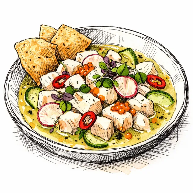 Baja-Nikkei Halibut Ceviche with Yuzu Kosho Leche de Tigre
