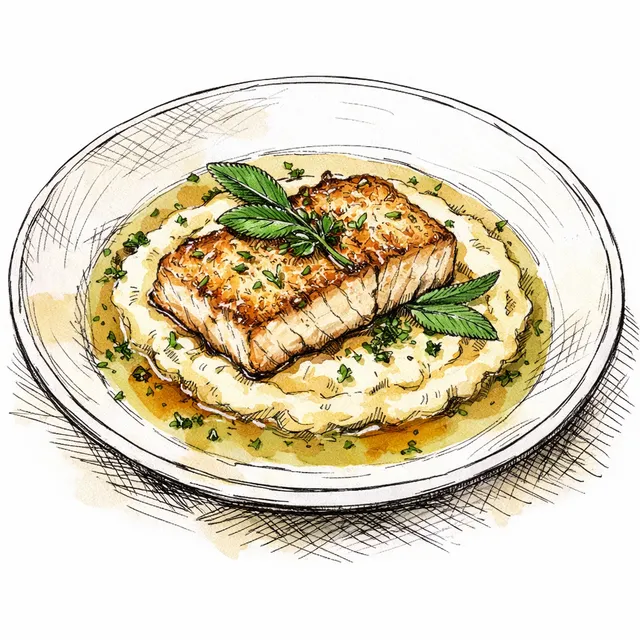 The Bergamo Cloister: Gentle Pan-Roasted Halibut with Creamy Mascarpone Polenta and Vermouth-Sage Brodo