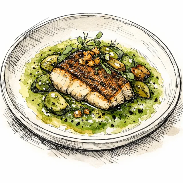 Pan-Seared Kombu-Cured Wild Turbot with Charred Tomatillo-Dashi Emulsion