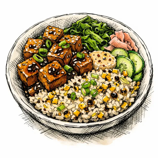 Marmite & White Miso-Cured Dakidashi Tofu Bowl with Charred Sweet Corn Rice