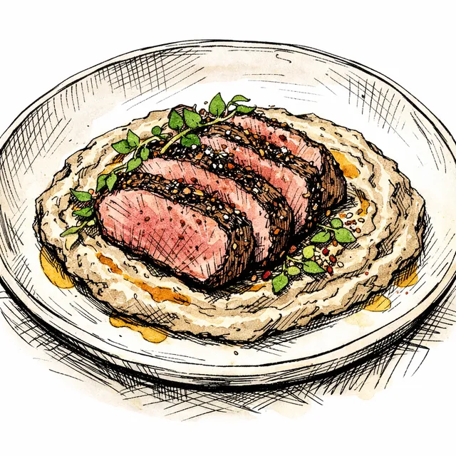 Toasted Sansho & Urfa Chile-Cured Lamb Loin with Smoked Eggplant Purée