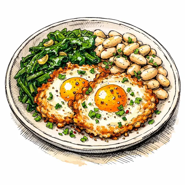 Crispy Feta Fried Eggs with Garlicky Greens & White Beans
