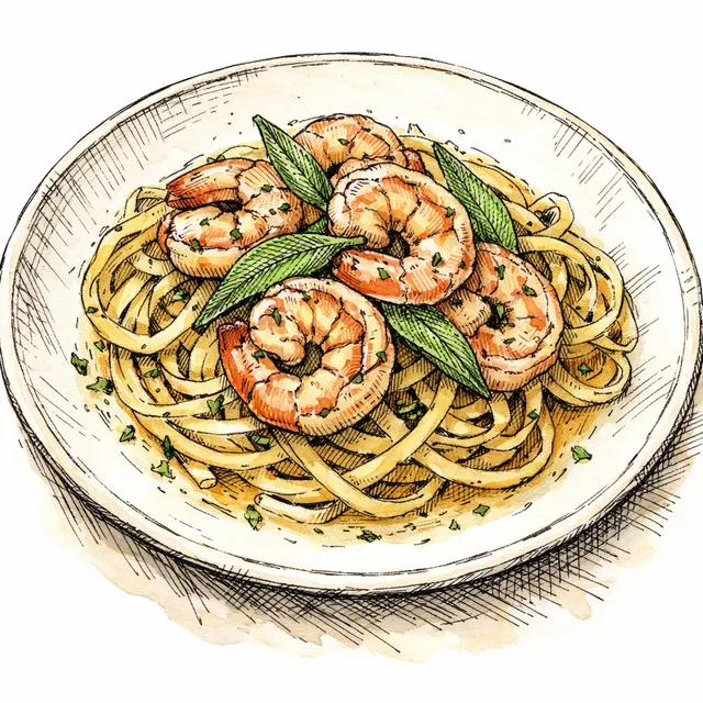 The Venetian Portico: Gulf Shrimp and Linguine in a Vermouth-Sage Emulsion