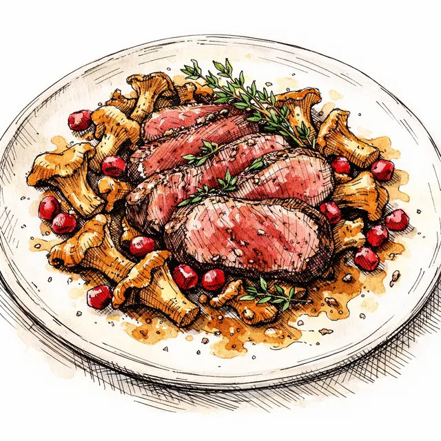 Pan-Roasted Venison Loin with Chanterelles, Pomegranate & Thyme Brown Butter