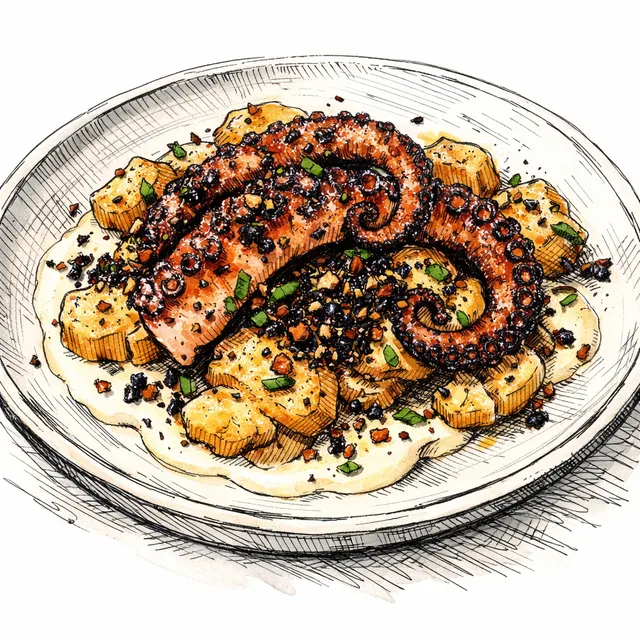 Fire-Blistered Spiced Octopus with Crispy Crushed Potatoes, Sizzling Urfa Crunch & Velvet Garlic Tahini