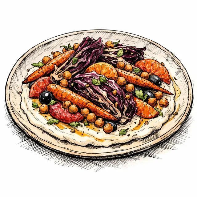 Warm Roasted Radicchio & Citrus Salad with Ras el Hanout Carrots, Warm Clementine–Olive Dressing, and Whipped Tahini–Yogurt (Plus Crispy Spiced Chickpeas)