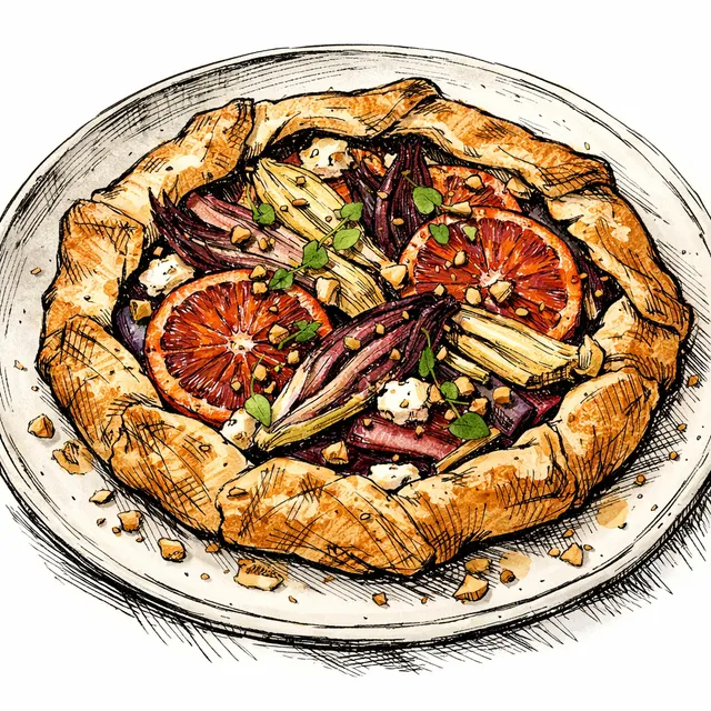 Blood Orange & Chicory Galette with Goat Cheese, Hazelnut Dukkah, and a Cider-Shallot Glaze