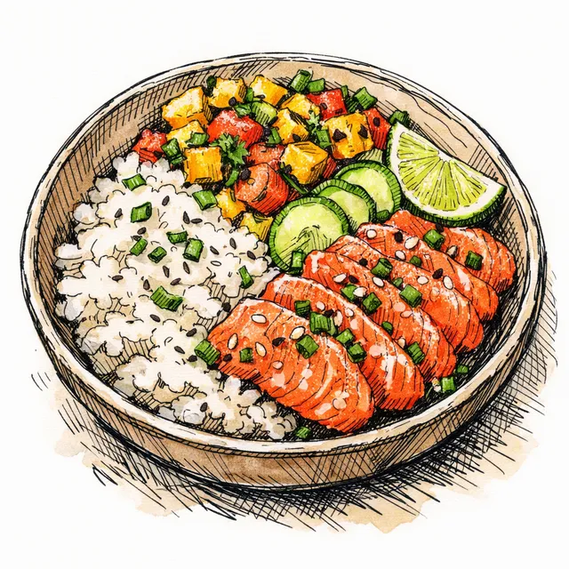 Shio Koji-Cured Wild Salmon Bowl with Charred Mango Pebre & Coconut-Dashi Rice
